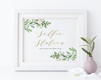 Greenery Selfie Station Wedding Sign - Printable Watercolor Greenery and White Flowers Wedding Photo Booth Sign - Instant Download GWF23