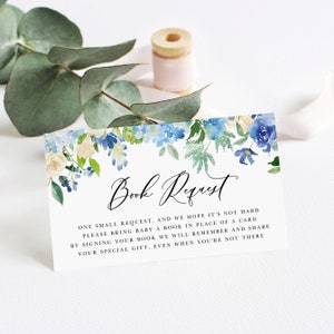 Afdrukbare blauwe hortensia boek aanvraagkaart - blauwe hortensia's en witte rozen baby shower boeken voor baby invoegen - Instant Download #024