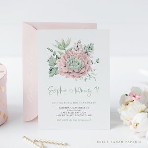 Printable Succulents Birthday Invitation Template - Watercolor Pastel Succulents First Birthday, Sweet 16 Evite - Editable Invitation PS67