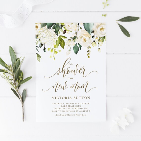 Printable White Floral Baby Shower Invitation Template - Etsy