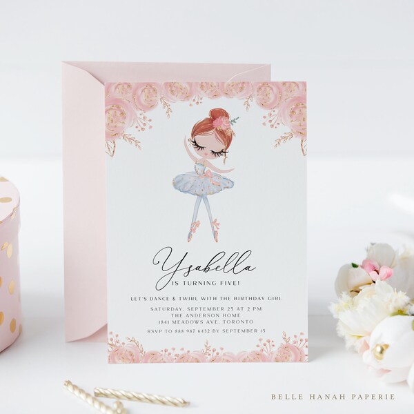 Druckbare Redhead Ballerina Geburtstag Einladung Vorlage, DIY Ballerina im weißen Kleid Rose Gold Glitzer Ballett Party Evite, bearbeitbare Invite