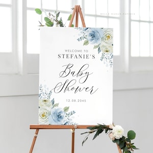 Printable Floral Baby Shower Welcome Sign Template - 18x24 Watercolor Blue and Ivory Roses Baby Shower Poster - Editable Welcome Sign IB12