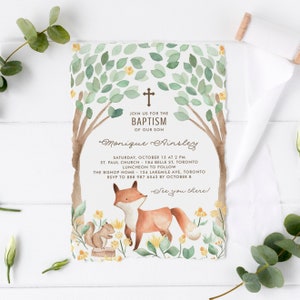 Modelo de convite de batismo para impressão de raposa da floresta - Convite de batismo de raposa da floresta em aquarela faça você mesmo - Convite de batismo editável WF01