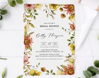 Rustic Fall Bridal Shower Invitation Template - Printable Rustic Watercolor Autumn Flowers Bridal Shower Invite - DIY Editable RWF7