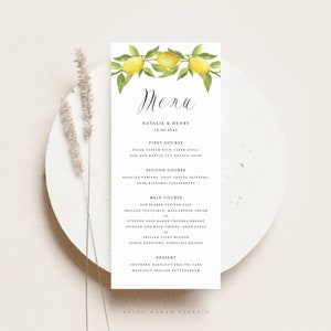 Wydrukuj szablon karty menu weselnego z cytryną - DIY 4x9 akwarela cytrynowa girlanda zieleni Letnia karta menu imprezy - edytowalna karta menu LGW2
