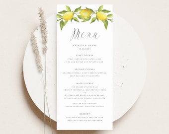 Printable Lemon Wedding Menu Card Template - DIY 4x9 Watercolor Lemon Greenery Garland Summer Party Menu Card - Editable Menu Card LGW2