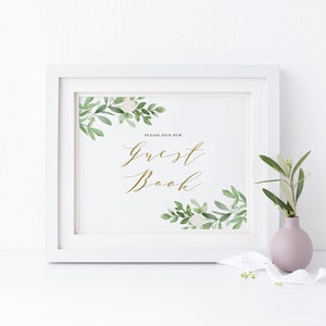 Greenery Guest Book Wedding Sign - 8x10 Printable Watercolor Greenery and White Flowers Guestbook Sign - Instant Download GWF23