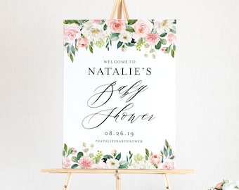 Printable Baby Shower Welcome Sign - Watercolor Pink and White Floral Garland Baby Shower Sign - 18x24 Instant Download Botanical Poster