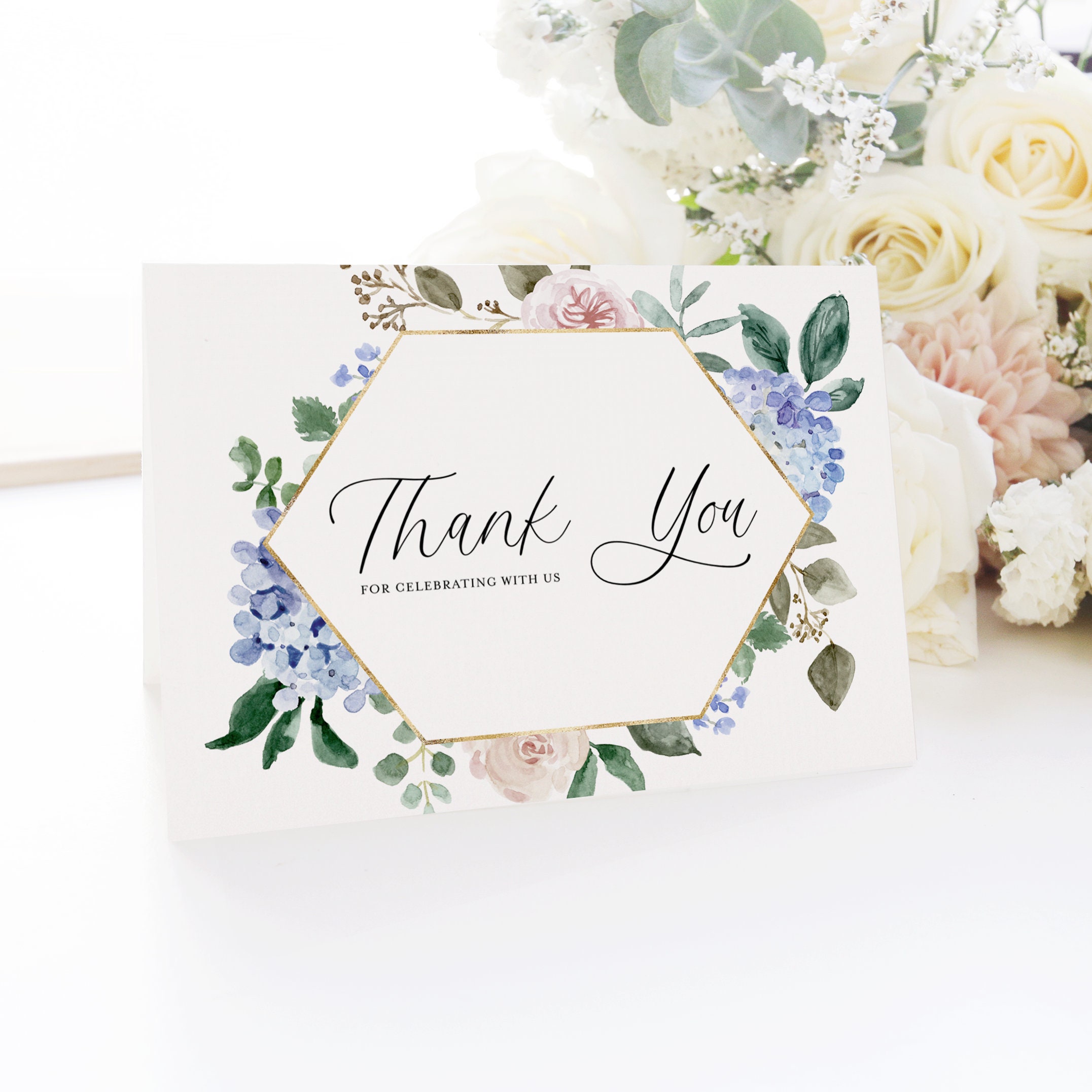 Blue Floral Thank You Card - Printable Watercolor Hydrangeas and Roses ...