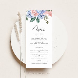 Wydrukuj kwiatowy szablon karty menu weselnego - DIY 4x9 akwarelowe niebieskie hortensje i różowe róże Karta menu weselnego - Edytowalna karta menu BHR5