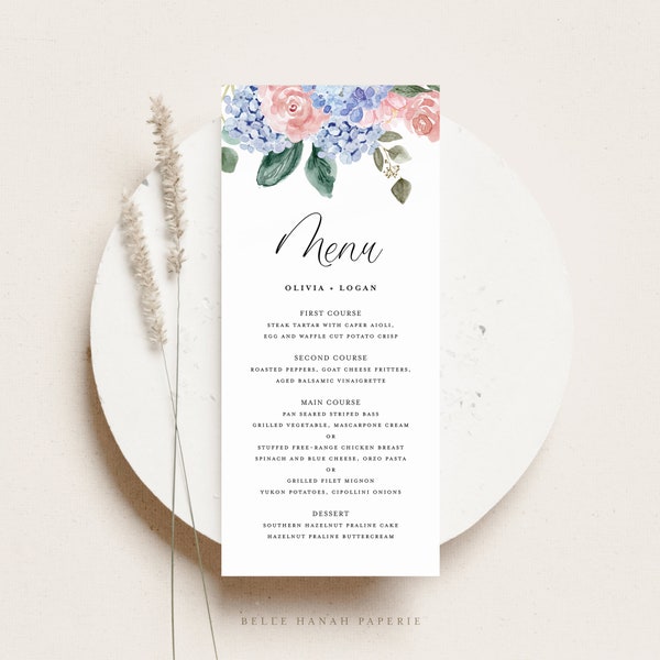 Printable Floral Wedding Menu Card Template - DIY 4x9 Watercolor Blue Hydrangeas and Pink Roses Wedding Menu Card - Editable Menu Card BHR5