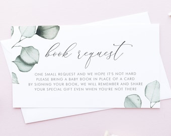 Carte de demande de livre minimaliste en eucalyptus - Imprimable Apportez un livre Boho verdure Baby Shower livres pour bébé à insérer - téléchargement immédiat MDE5