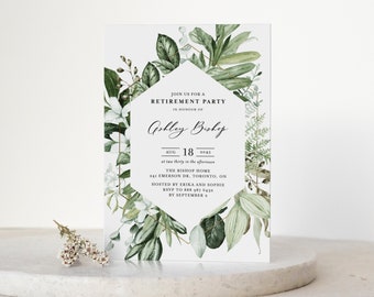 Printable Greenery Retirement Party Invitation Template - Rustic Watercolor Greenery and Magnolia Retirement Evite - Editable Invite GR28