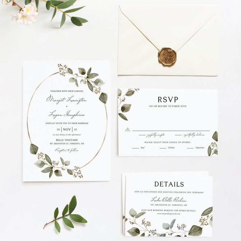 Eucalyptus Wedding Invitation Set Template Vintage | Etsy