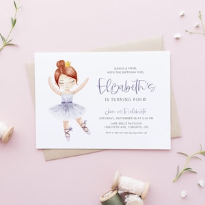 DIY Purple Dress Birthday Invitation Template - Printable Watercolor Little Girl Redhead Ballerina Tutu Birthday Party Invite -Editable PD18