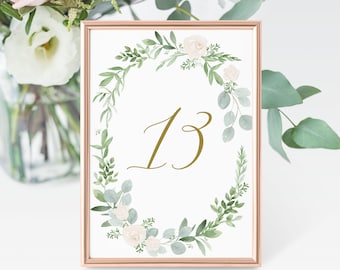 Printable Table Number Card - 5x7 Watercolor Greenery Floral Wreath Table Numbers - 1 to 20 Gold Wedding Table Number - Instant Download