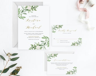 Printable Greenery Wedding Invitation Set Template - Watercolor Greenery & White Flowers Wedding Suite RSVP, Enclosure Card - Editable GWF23