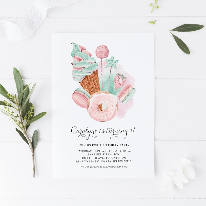 Pastel First Birthday Invitation Template Watercolor Ice Etsy