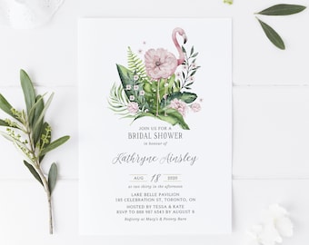 Printable Bridal Shower Invitation - Editable Flamingo Party - Blush Watercolor Floral Flamingo Bridal Shower Template - Instant Download