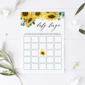 Cartão de bingo para bebês de girassóis - Jogo de bingo para chá de bebê floral rústico para impressão em aquarela de girassóis e eucalitos - Download instantâneo SE35