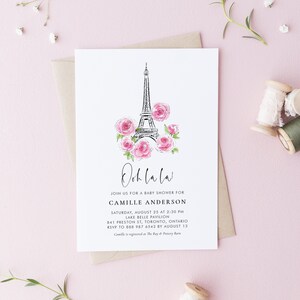 Printable Ooh la la Baby Shower Invitation Template - Eiffel Tower and Pink Roses Floral Baby Girl Shower Invite - Editable Invitation OH45