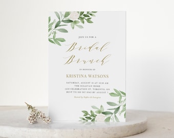 Printable Greenery Bridal Brunch Invitation Template - DIY Watercolor Greenery and White Flowers Bridal Brunch Evite - Editable Invite GWF23