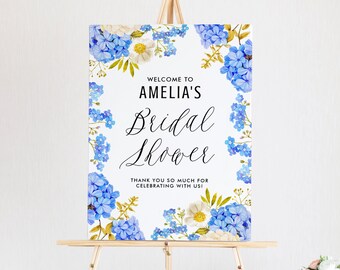 Blue Hydrangea Bridal Shower Welcome Sign Template - Printable Blue and White Hydrangeas Floral Couples Shower Poster - DIY Editable BWH7