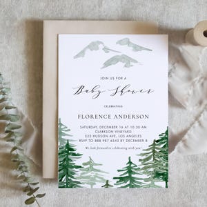 Modèle imprimable d&#39;Invitation de baby shower des bois - Evite de baby shower de forêt aquarelle rustique bricolage - Invitation modifiable Woodland WF63