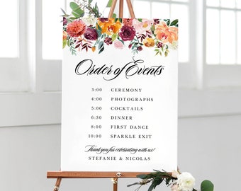 Printable Fall Floral Wedding Order of Events Sign Template - DIY Watercolor Autumn Blooms Wedding Timeline Sign - 18x24 Editable Sign