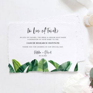 Modèle de carte imprimable tropicale au lieu de faveurs - carte de don de mariage modifiable aquarelle feuilles de bananier - DIY, Templett WBL32