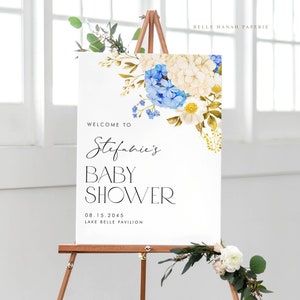 Printable Hydrangea Baby Shower Welcome Sign Template - DIY 18x24 Watercolor Blue and White Hydrangeas Baby Brunch Sign - Editable WB53