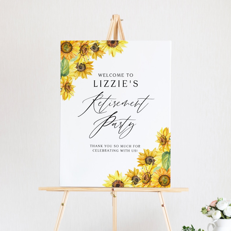 DIY Floral Retirement Poster Editable WS95 Sunflowers Retirement Party Welcome Sign Template Printable Rustic Watercolor Sunflower Sign
