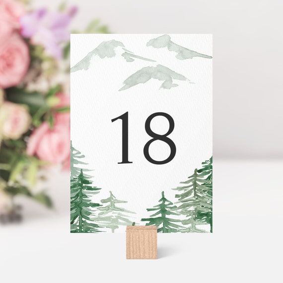 Woodland Wedding Table Number Cards - Printable Watercolor Rustic Forest Table Numbers 4x6 and 5x7 - Mountain Instant Download 1 to 20 WF63