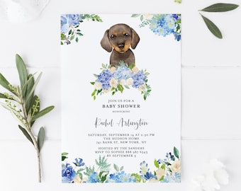 Printable Dog Baby Shower Invitation Template - DIY Watercolor Dachshund with Blue Flowers Invitation - Floral Boy Baby Shower Invite