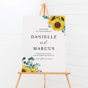Druckbares Hochzeitsschild Vorlage - DIY 18x24 Sonnenblumen und Eukalyptus Rustikal Herbst Hochzeit Willkommensschild - Editierbare SE35