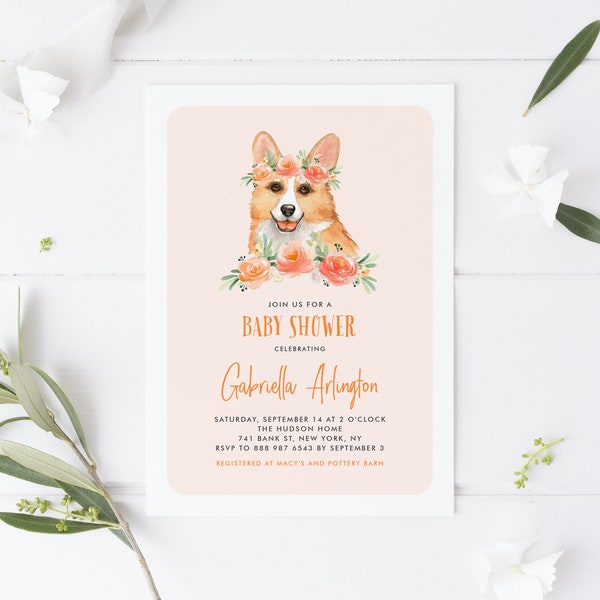 Corgi Baby Shower Invitation Template - Watercolor Corgi Orange Flowers Gender Neutral Baby Shower Invite - Editable Dog Invitaton CT21