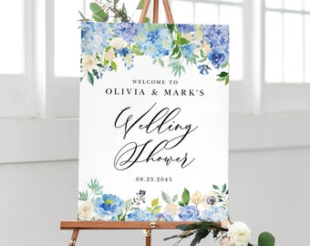 Printable Hydrangea Wedding Shower Welcome Sign Template - 18x24 Watercolor Blue Hydrangea and Ivory Roses Wedding Sign - Editable Sign #024