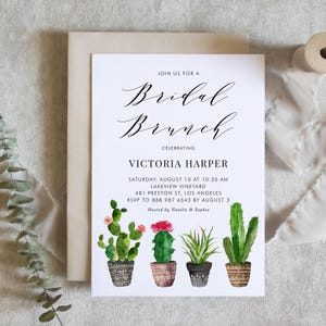 Modelo de convite para brunch de noiva com cactos para impressão - Convite para brunch de noiva com suculentas em vasos de aquarela estilo Boho faça você mesmo - Convite editável nº 011