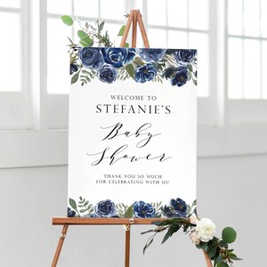 Printable Blue Floral Baby Shower Welcome Sign Template - Editable Watercolor Navy Blue Flowers Bouquet Winter Boy Baby Brunch Poster DB24