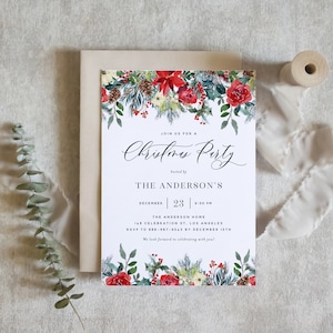 Printable Winter Floral Christmas Party Invitation Template - Watercolor Christmas Flowers Holiday Party Evite - Editable Winter Invite PO21