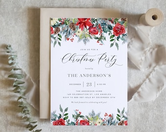 Può includere: Un invito a una festa di Natale con un design ad acquerello di stelle di Natale rosse, rami di pino e bacche. Il testo recita "Join us for a Christmas Party hosted by The Anderson's, December 23, 6:30 PM, The Anderson Home, 148 Celebration St, Los Angeles, RSVP to 888-987-6563 by December 15th. We look forward to celebrating with you!"