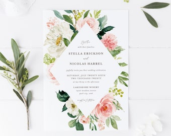 Printable Spring Wedding Invitation Template - DIY Watercolor Pink and White Flowers Wedding Invitation - Spring Floral Wedding Invitation