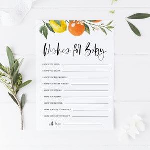 Deseos de cítricos imprimibles para tarjeta de bebé - Tarjeta de deseos de baby shower de verano con limones botánicos y naranja, actividad de baby shower Descarga instantánea BC85