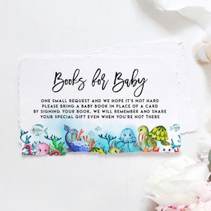 Afdrukbare onder de zee baby shower boek aanvraagkaart - aquarel schildpad, krab, walvis, koraal baby shower kaart - breng een boekenkaart UWF2