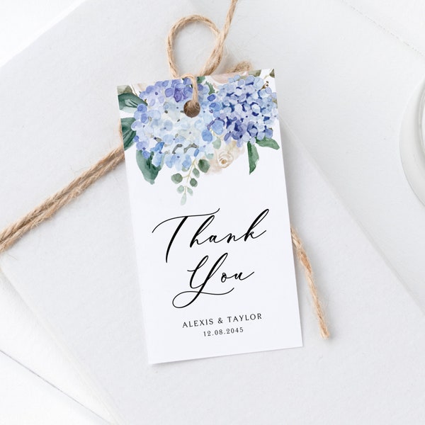 Printable Hydrangea Wedding Gift Tag Template - DIY Watercolor Blue Hydrangeas White Roses Thank You Tag - Editable Baby Shower Tags BH12