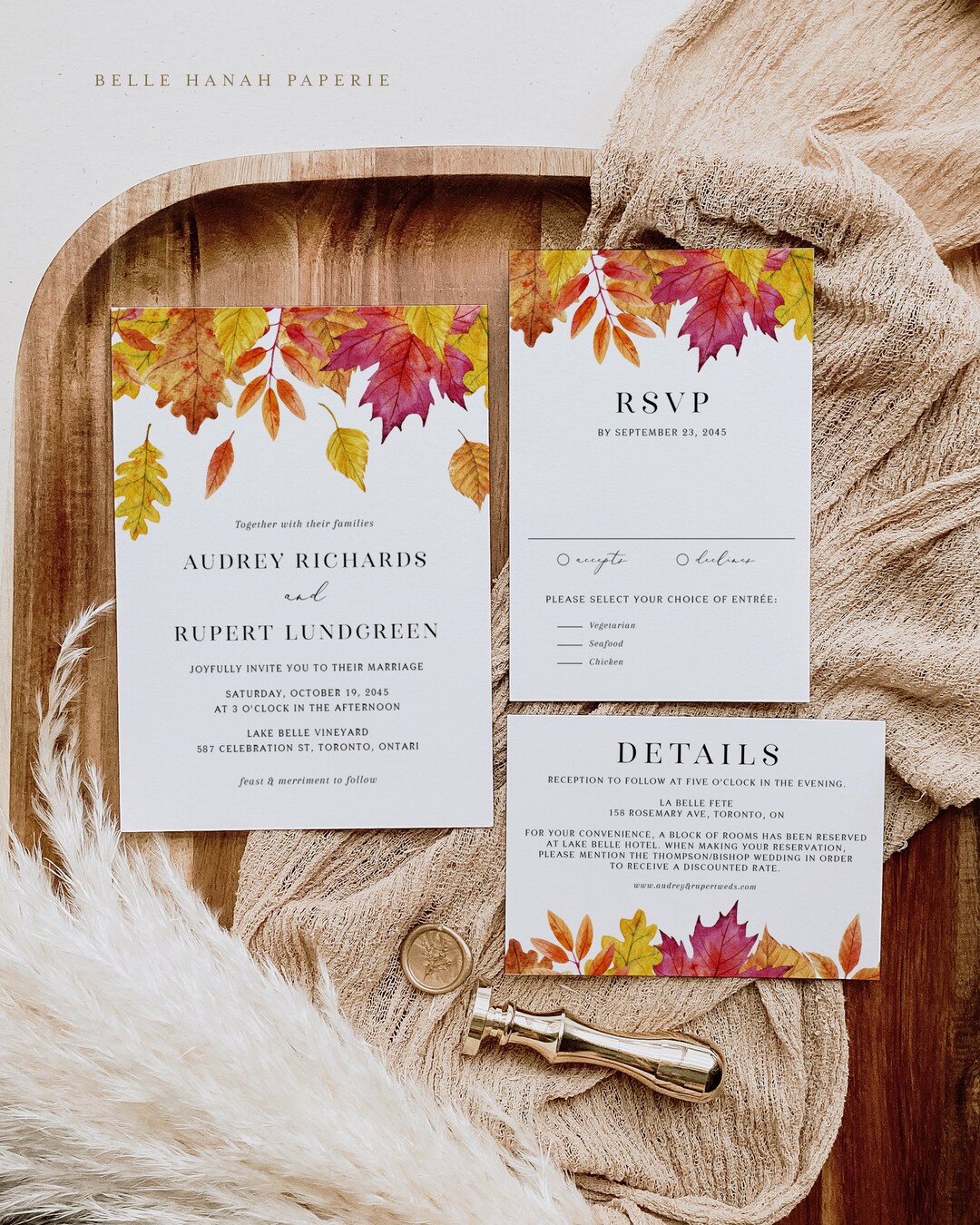 Printable Fall Wedding Invitation Set Templates Watercolor Falling