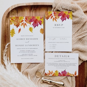 Druckbare Herbst-Hochzeitseinladungs-Set-Vorlagen - Aquarell Fallende Blätter Hochzeitseinladungs- und Beilagenkarten - Bearbeitbare Hochzeitssuite WFL18