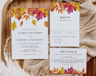 Printable Fall Wedding Invitation Set Templates - Watercolor Falling Leaves Wedding Invite & Enclosure Cards - Editable Wedding Suite WFL18
