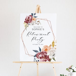 Retirement Party Welcome Sign Template - Watercolor Marsala Autumn Flowers Rose Gold Geometric Retirement Poster - Editable, Printable FMRG7