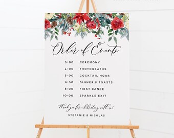 May include: A white sign with a wintery floral border and black text listing the order of events for a wedding. The text includes the times and names of the events: Ceremony, Photographs, Cocktail Hour, Dinner & Toasts, First Dance, and Sparkle Exit. The sign also includes the names Stefanie & Nicolas and the text "Thank you for celebrating with us!"